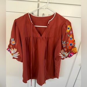 Floral Embroidered Women's Blouse in Rust
